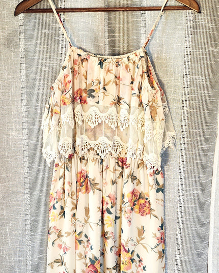American Rag Cream Off-Shoulder Adjustable Straps Cinched Waist Floral Boho Mini Sundress with Lace Inset