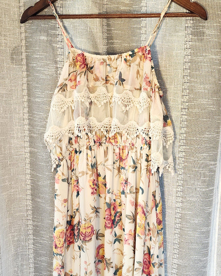 American Rag Cream Off-Shoulder Adjustable Straps Cinched Waist Floral Boho Mini Sundress with Lace Inset