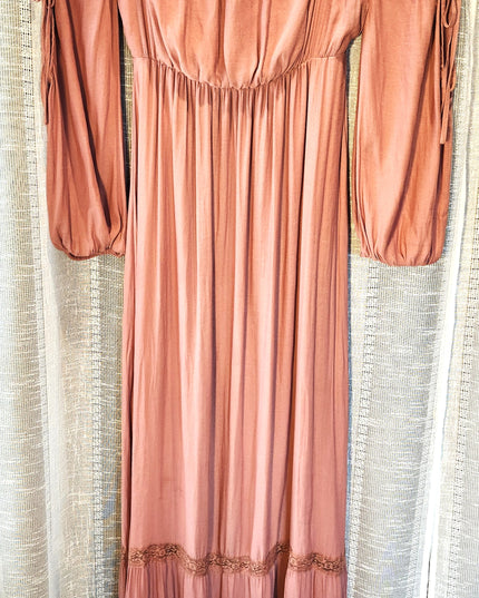 Forever 21 Dusty Rose Off-the-Shoulder Peasant Long Sleeve Boho Maxi Dress with Adjustable Ties on Sleeves