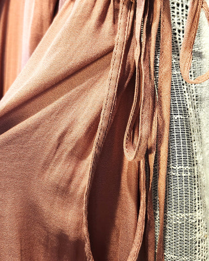 Forever 21 Dusty Rose Off-the-Shoulder Peasant Long Sleeve Boho Maxi Dress with Adjustable Ties on Sleeves