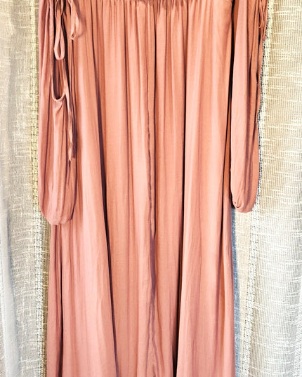 Forever 21 Dusty Rose Off-the-Shoulder Peasant Long Sleeve Boho Maxi Dress with Adjustable Ties on Sleeves