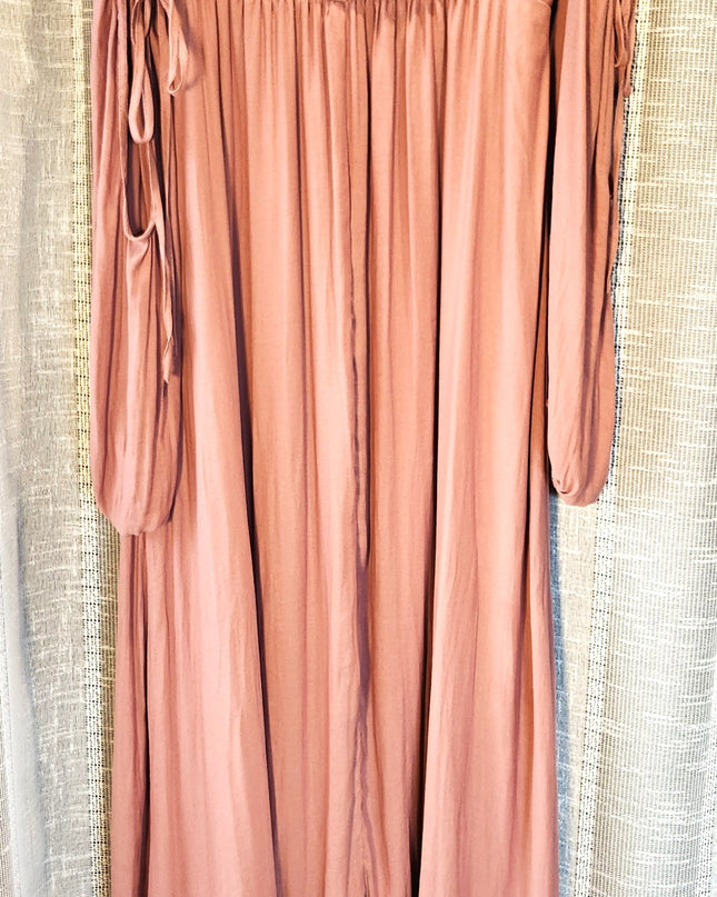 Forever 21 Dusty Rose Off-the-Shoulder Peasant Long Sleeve Boho Maxi Dress with Adjustable Ties on Sleeves