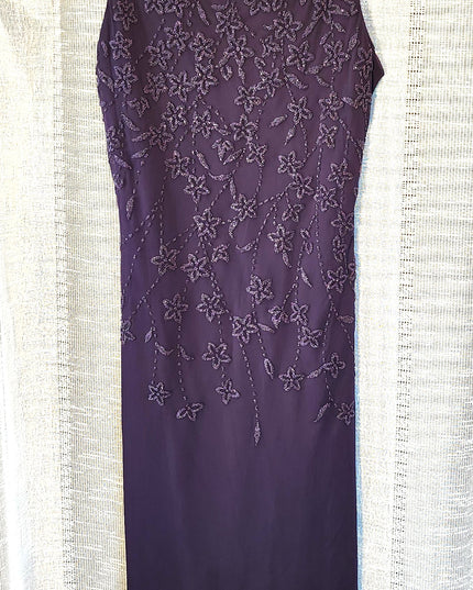 Vintage Y2k Teeze Me Purple Floral Beaded Midi Dress with Asymmetric Hemline and Cowl Back ress
