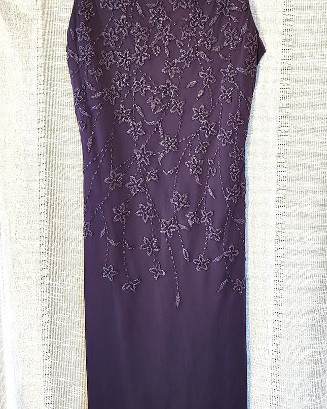 Vintage Y2k Teeze Me Purple Floral Beaded Midi Dress with Asymmetric Hemline and Cowl Back ress