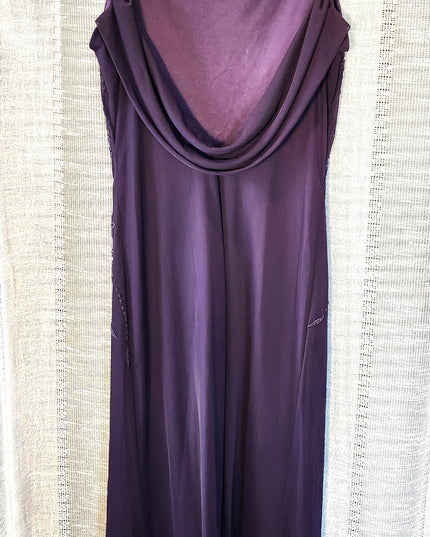 Vintage Y2k Teeze Me Purple Floral Beaded Midi Dress with Asymmetric Hemline and Cowl Back ress