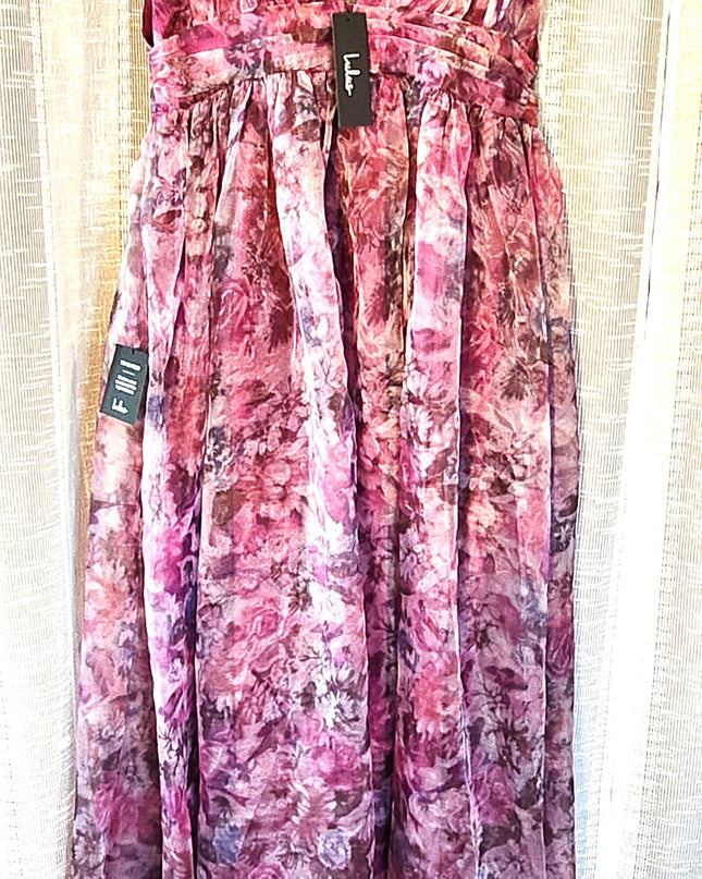 NEW Lulu's "Garden Romance" Magenta Floral Print Organza Maxi Dress