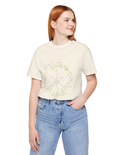 Hibiscus Hippie Boho Designed Floral Peace Sign T-Shirt — 'Peace & Love' in Multicolor Choice Tees