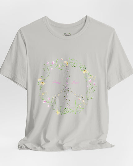 Hibiscus Hippie Boho Designed Floral Peace Sign T-Shirt — 'Peace & Love' in Multicolor Choice Tees