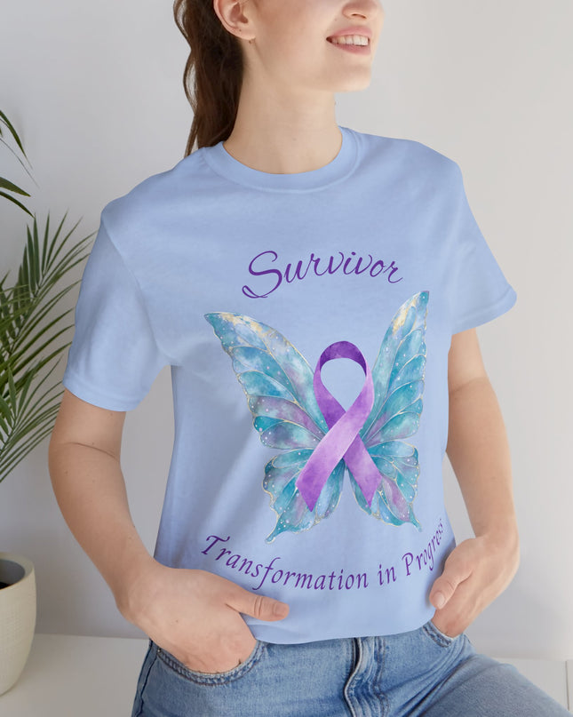 Domestic Violence Awareness Shirt | Survivor Teal and Purple Ribbon Butterfly Tee | Abuse Survivor Gift, Transformation in Progress Graphic T-Shirt, Empowering Healing Support Clothing