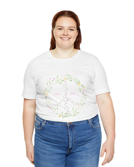 Hibiscus Hippie Boho Designed Floral Peace Sign T-Shirt — 'Peace & Love' in Multicolor Choice Tees