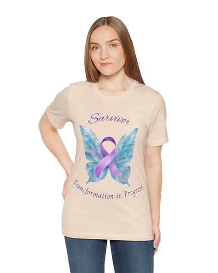 Domestic Violence Awareness Shirt | Survivor Teal and Purple Ribbon Butterfly Tee | Abuse Survivor Gift, Transformation in Progress Graphic T-Shirt, Empowering Healing Support Clothing