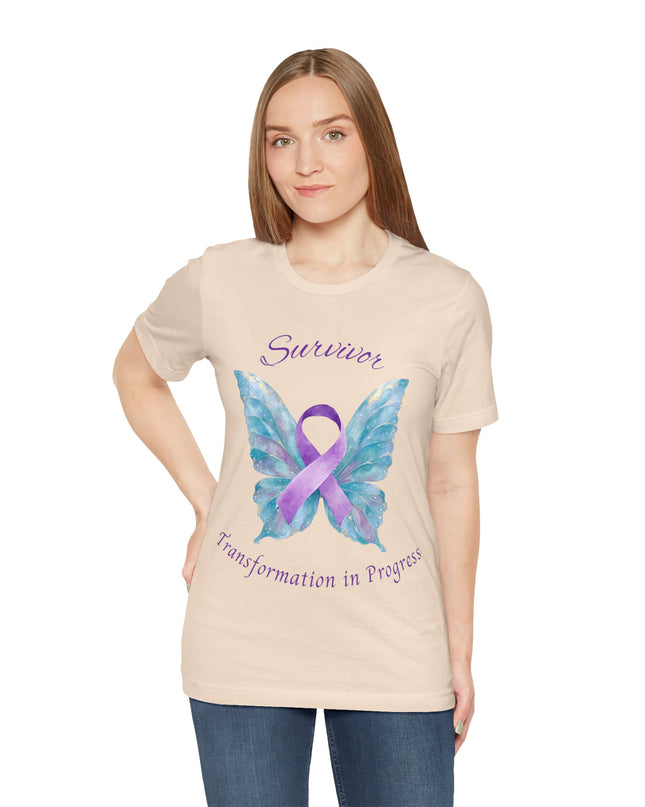 Domestic Violence Awareness Shirt | Survivor Teal and Purple Ribbon Butterfly Tee | Abuse Survivor Gift, Transformation in Progress Graphic T-Shirt, Empowering Healing Support Clothing