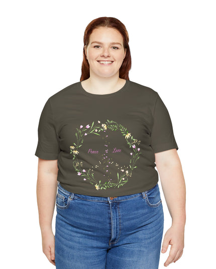 Hibiscus Hippie Boho Designed Floral Peace Sign T-Shirt — 'Peace & Love' in Multicolor Choice Tees