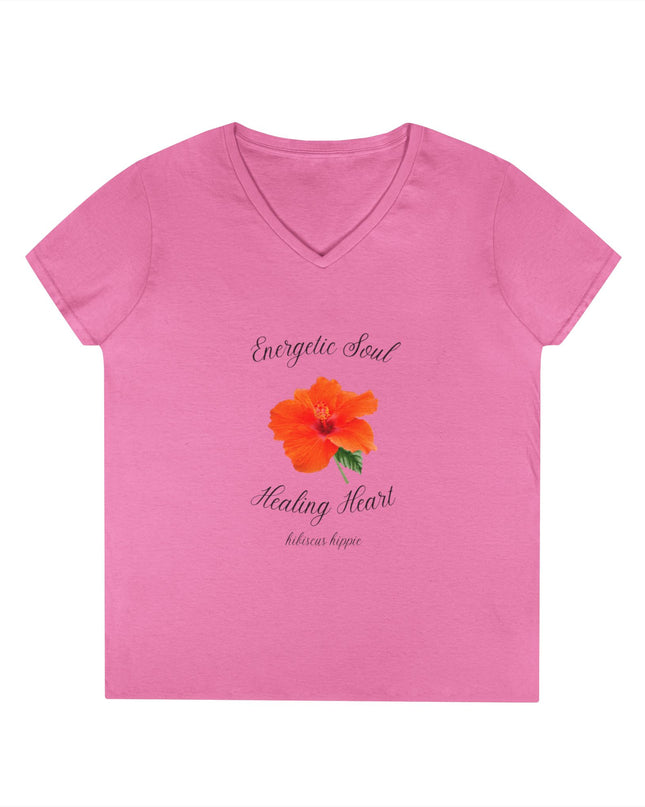 Ladies' V-Neck T-Shirt — "Energetic Soul, Healing Heart" Orange Floral Graphic