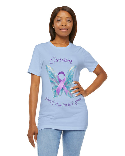 Domestic Violence Awareness Shirt | Survivor Teal and Purple Ribbon Butterfly Tee | Abuse Survivor Gift, Transformation in Progress Graphic T-Shirt, Empowering Healing Support Clothing