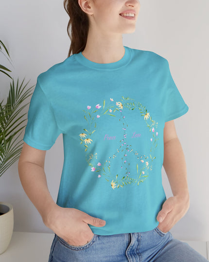 Hibiscus Hippie Boho Designed Floral Peace Sign T-Shirt — 'Peace & Love' in Multicolor Choice Tees