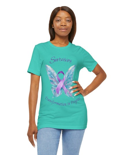 Domestic Violence Awareness Shirt | Survivor Teal and Purple Ribbon Butterfly Tee | Abuse Survivor Gift, Transformation in Progress Graphic T-Shirt, Empowering Healing Support Clothing