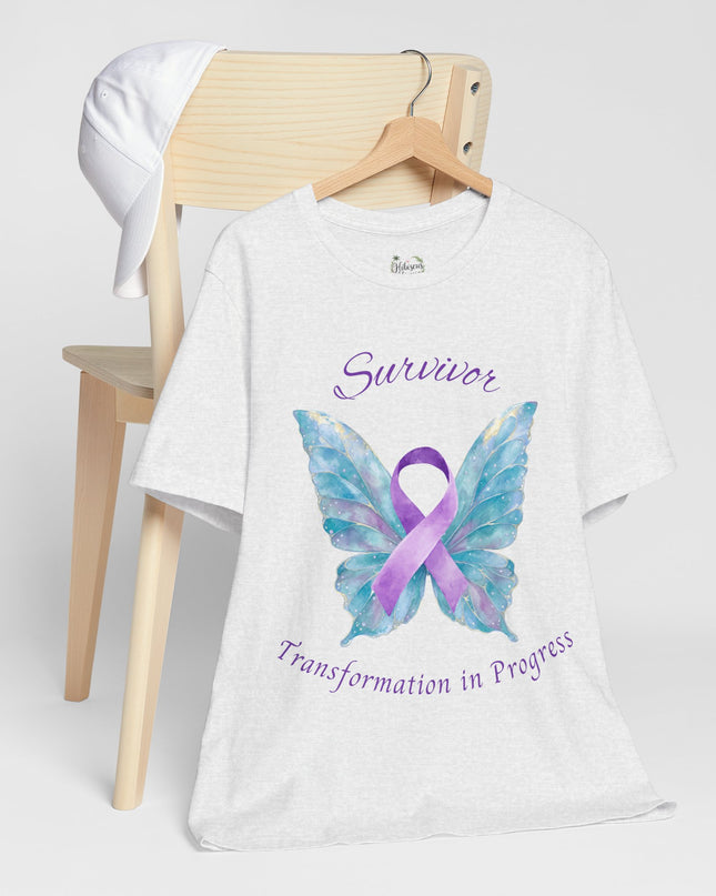 Domestic Violence Awareness Shirt | Survivor Teal and Purple Ribbon Butterfly Tee | Abuse Survivor Gift, Transformation in Progress Graphic T-Shirt, Empowering Healing Support Clothing