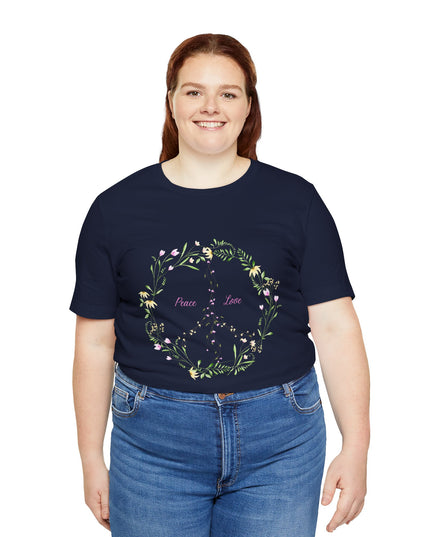 Hibiscus Hippie Boho Designed Floral Peace Sign T-Shirt — 'Peace & Love' in Multicolor Choice Tees