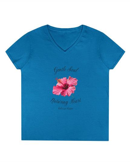 Ladies' V-Neck T-Shirt — "Gentle Soul, Nurturing Heart" Pink Floral Graphic