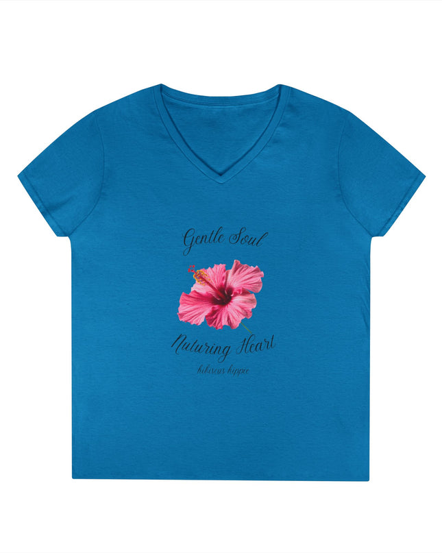 Ladies' V-Neck T-Shirt — "Gentle Soul, Nurturing Heart" Pink Floral Graphic