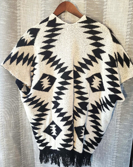 Mudd Women's Southwestern Tribal Open Front Fringe Cardigan Sweater – Black & Cream