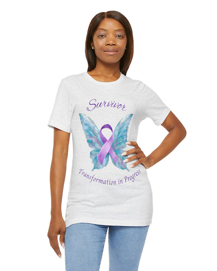 Domestic Violence Awareness Shirt | Survivor Teal and Purple Ribbon Butterfly Tee | Abuse Survivor Gift, Transformation in Progress Graphic T-Shirt, Empowering Healing Support Clothing
