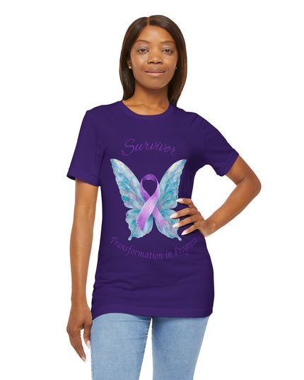 Domestic Violence Awareness Shirt | Survivor Teal and Purple Ribbon Butterfly Tee | Abuse Survivor Gift, Transformation in Progress Graphic T-Shirt, Empowering Healing Support Clothing