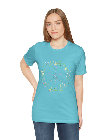 Hibiscus Hippie Boho Designed Floral Peace Sign T-Shirt — 'Peace & Love' in Multicolor Choice Tees