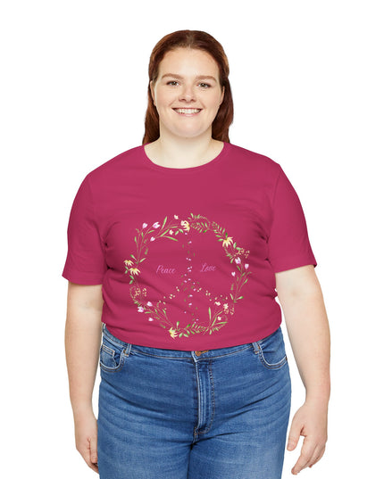 Hibiscus Hippie Boho Designed Floral Peace Sign T-Shirt — 'Peace & Love' in Multicolor Choice Tees