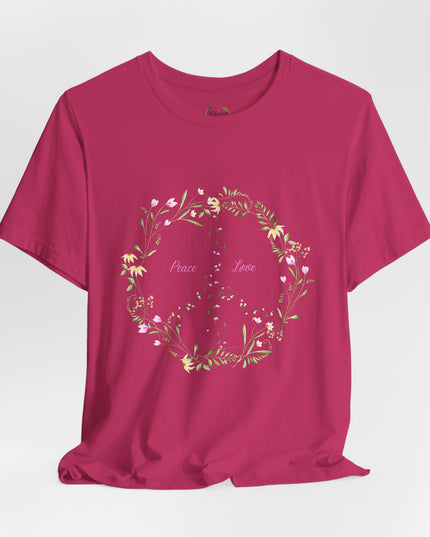 Hibiscus Hippie Boho Designed Floral Peace Sign T-Shirt — 'Peace & Love' in Multicolor Choice Tees