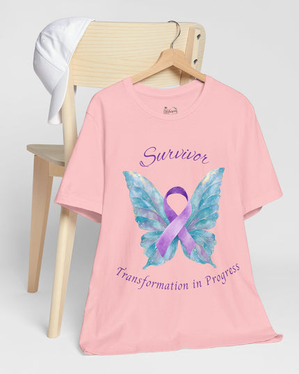 Domestic Violence Awareness Shirt | Survivor Teal and Purple Ribbon Butterfly Tee | Abuse Survivor Gift, Transformation in Progress Graphic T-Shirt, Empowering Healing Support Clothing