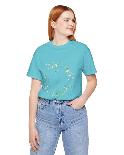Hibiscus Hippie Boho Designed Floral Peace Sign T-Shirt — 'Peace & Love' in Multicolor Choice Tees