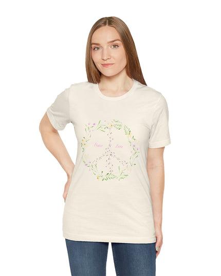 Hibiscus Hippie Boho Designed Floral Peace Sign T-Shirt — 'Peace & Love' in Multicolor Choice Tees