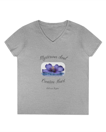 Ladies' V-Neck T-Shirt — "Mysterious Soul, Creative Heart" Purple Floral Graphic