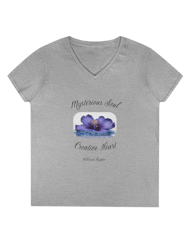 Ladies' V-Neck T-Shirt — "Mysterious Soul, Creative Heart" Purple Floral Graphic