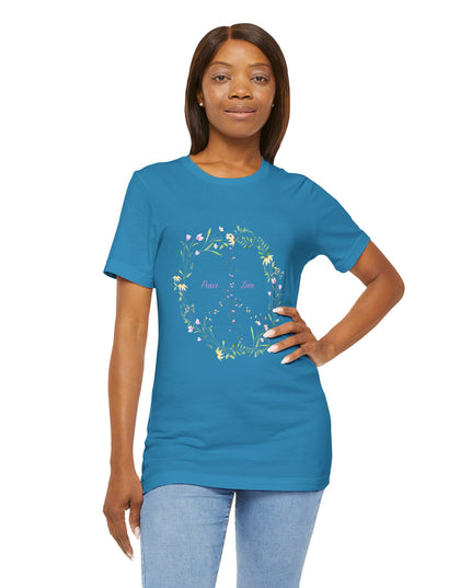 Hibiscus Hippie Boho Designed Floral Peace Sign T-Shirt — 'Peace & Love' in Multicolor Choice Tees