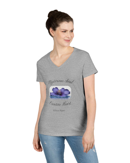Ladies' V-Neck T-Shirt — "Mysterious Soul, Creative Heart" Purple Floral Graphic