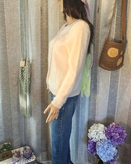 Vintage Jessica Holbrook Pastel Pink Fuzzy Angora Lambswool Pearl Button Cardigan - EUC - Size M