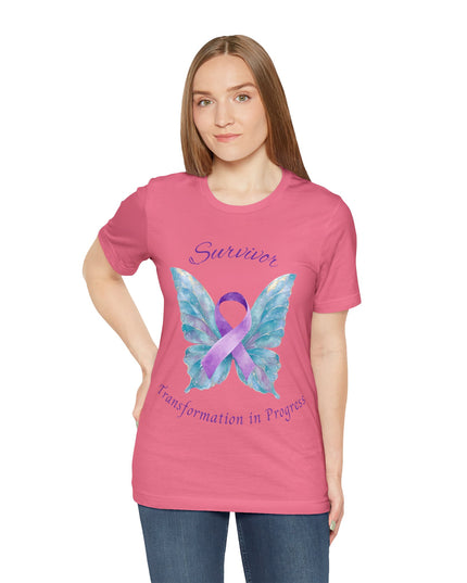 Domestic Violence Awareness Shirt | Survivor Teal and Purple Ribbon Butterfly Tee | Abuse Survivor Gift, Transformation in Progress Graphic T-Shirt, Empowering Healing Support Clothing