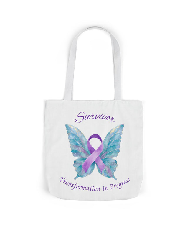 Domestic Violence Survivor Tote Bag | Teal and Purple Ribbon Butterfly Canvas Shopping Bag | Abuse Survivor Gift, Transformation in Progress Everyday Carrying Bag, Empowering Healing Reusable Grocery Bag