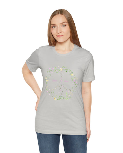 Hibiscus Hippie Boho Designed Floral Peace Sign T-Shirt — 'Peace & Love' in Multicolor Choice Tees