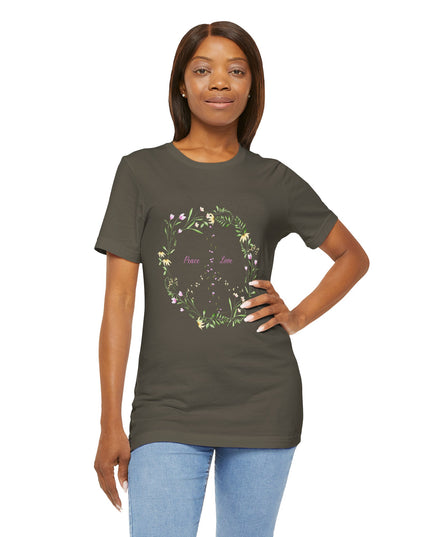 Hibiscus Hippie Boho Designed Floral Peace Sign T-Shirt — 'Peace & Love' in Multicolor Choice Tees