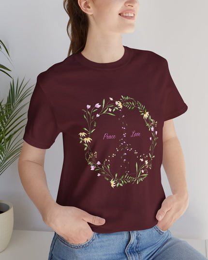 Hibiscus Hippie Boho Designed Floral Peace Sign T-Shirt — 'Peace & Love' in Multicolor Choice Tees