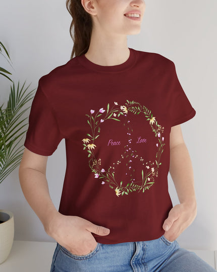 Hibiscus Hippie Boho Designed Floral Peace Sign T-Shirt — 'Peace & Love' in Multicolor Choice Tees