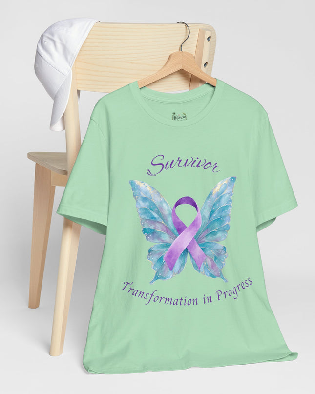 Domestic Violence Awareness Shirt | Survivor Teal and Purple Ribbon Butterfly Tee | Abuse Survivor Gift, Transformation in Progress Graphic T-Shirt, Empowering Healing Support Clothing