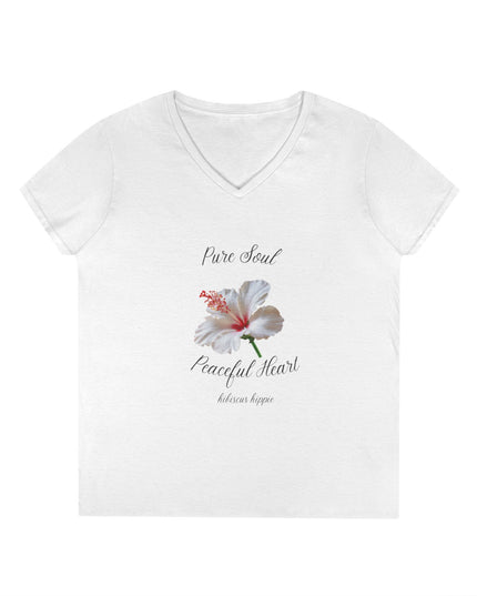 Ladies' V-Neck T-Shirt — "Pure Soul, Peaceful Heart" White Floral Graphic