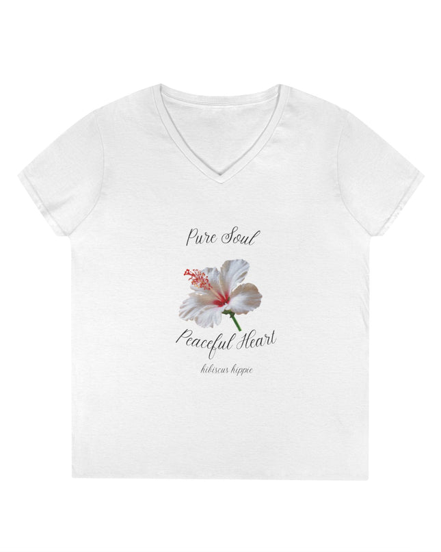 Ladies' V-Neck T-Shirt — "Pure Soul, Peaceful Heart" White Floral Graphic