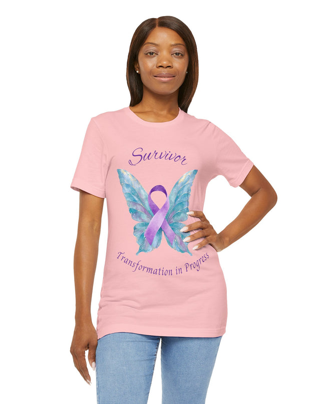 Domestic Violence Awareness Shirt | Survivor Teal and Purple Ribbon Butterfly Tee | Abuse Survivor Gift, Transformation in Progress Graphic T-Shirt, Empowering Healing Support Clothing