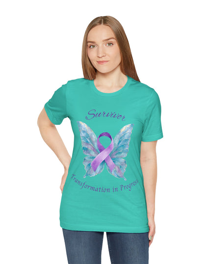 Domestic Violence Awareness Shirt | Survivor Teal and Purple Ribbon Butterfly Tee | Abuse Survivor Gift, Transformation in Progress Graphic T-Shirt, Empowering Healing Support Clothing